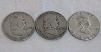 3 Franklin Silver Half Dollars 1952, 1952, 1961