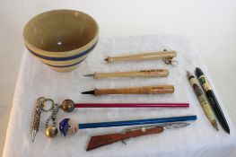 Yellowware Bowl, Baseball Theme Pen/Pencils/Chains