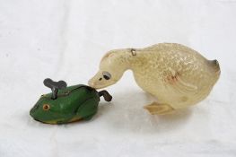 Japan Celluloid Duck Chasing Frog Wind Up Toy