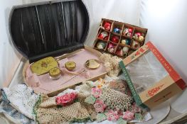 Antique Xmas Ornaments, Dresser Set, Fancy Work