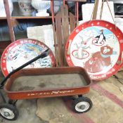Vintage wagon, runner sled & 2 snow discs
