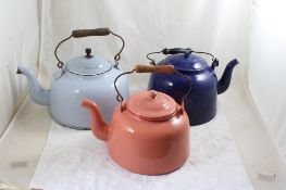 3 Enamelware Wood Bale Handled Tea Kettles