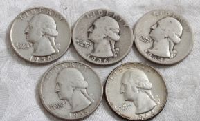 5 Washington Silver Quarters