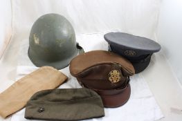 U S Military WW2 Helmet & 3 Other Hats