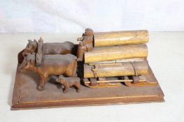Wood Carving Oxen Logging Wagon Folk Art
