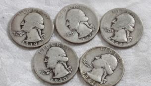 5 Washington Silver Quarters