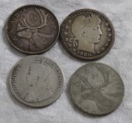 1 Silver Barber Quarter & 3 Canadian Quarters