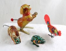 4 Key Wind Up Tin Toys Bird, Frog, Dog & Cat