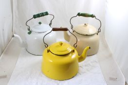 3 Enamelware Wood Bale Handled Teapots