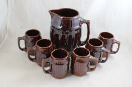 Stoneware Barrel Pitcher & 6 Matching Mugs