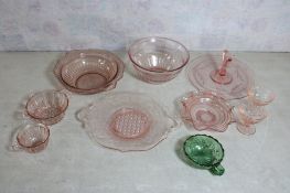 9 Pieces of Pink &1 Green/Gold Depression Glass