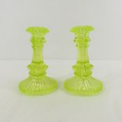 Pair of Vintage Vaseline Glass Candlesticks 6.75