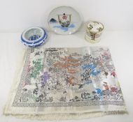 Asian Plate, Vase, Humidor & Tablecloth