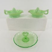 2 Fire King Uranium Jadeite Reamers & Green Candy Tray