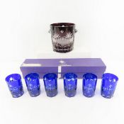 Ice Bucket & 6 Serbian Cobalt Lead Crystal Glasses