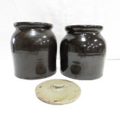2 Albany Slip Stoneware Preserve Jars & 1 Lid