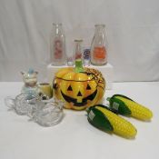 Glass Milk Bottles, Ceramic Pumpkin Dish & More