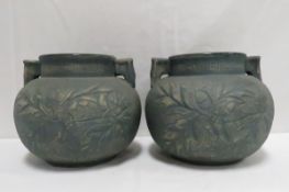 2 Red Wing Brushware Green Oak Leaf Vases #149