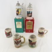 6 Budweiser Steins 1980-1990's, 2 in Boxes