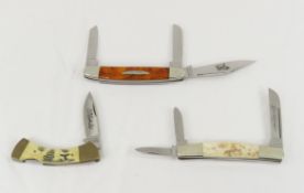 3 Parker Pocket Knives, Lockback Scrimshaw, Brahma