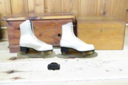 2 Wooden Storage Chests, Figure Skates & Sharpener