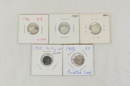 5 Canadian 5 cent Silver coins 1906-1910