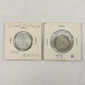 2 1947 Canadian Quarters 1 with DOT, 1 without