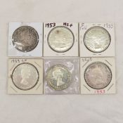 6 1953 Canadian Silver Dollars