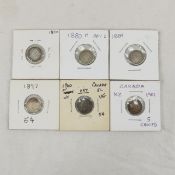 6 Canadian 5 cent Silver Coins 1870-1901