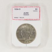 1934 D Peace Silver Dollar PCI AU50 Cleaned