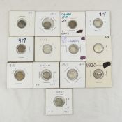 13 Canadian 5 cent Silver coins 1911-1920
