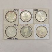 6 1954-1958 Canadian Silver Dollars