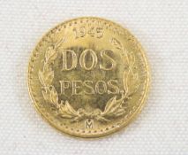 1945 Mexico Dos Pesos Gold Coin BU