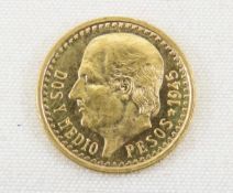 1945 Mexico Dos Y Medio Pesos Gold Coin BU