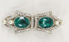 Vintage Green & Clear Rhinestone Clip Duette