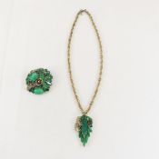 Vintage Brooch & Necklace Set, Faux Jade & Emerald