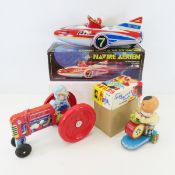 Tin Rocket Car, Child Banging Drum & Pull Tractor