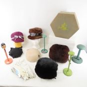 2 Fur Muffs, Gloves, 4 Hats, and 5 Hat Stands
