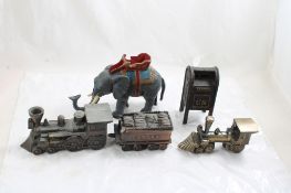 2 Cast Iron Banks, 3 Cast Metal Locomotives & Car