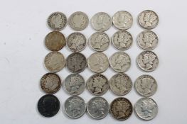 25 Silver Dimes 19 Mercury, 4 Roosevelt, 2 Barber
