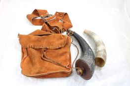2 Powder Horns, Buckskin Bag