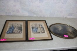 Framed Antique Photo, 2 Framed 1868 Fashion Prints