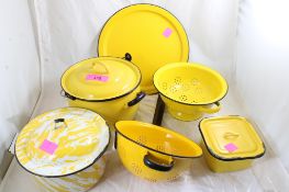 6 Yellow Enamelware Pans, Strainers more