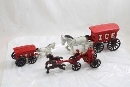 3 Cast Iron Toys Fire Pumper & 2 Horse & Ice Wagon