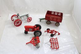 6 Farm Implement Toys 2 Tractors, Box Wagon, More