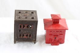 2 Cast Iron Banks Safe & Bank Building 3.25 & 3.5