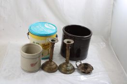 Stoneware Crocks, Candleholders, Peanut Butter Tin