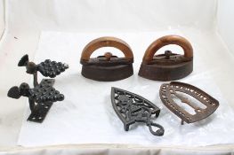 2 Sad Irons, 2 Trivets, Grape Cluster Shutter Dogs