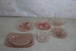 6 Pieces of Pink Depression Glass Serving Dishes