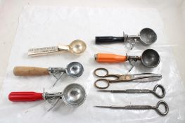 5 Ice Cream Scoops, 2 Ice Picks, Antique Shears